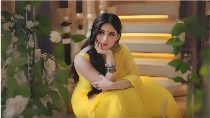 araffe woman in a yellow dress sitting on a set of stairs, with yellow cloths, beautiful yellow woman, traditional beauty, actress, lady using yellow dress, shades of yellow, stunning elegant pose, stylish pose, high res, yellow clothes, yellow colours, ye...