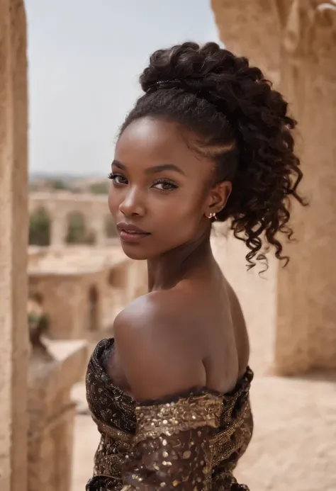 ((Dark African skin, Very deep ebony skin)), ((Its beauty is undeniable)), ((Excited cute face)), ((Super Delicate Perfect Eyes,)), ((Pose mignonne)), ((Langue sortie)), ((Seductive )), sexy, (( Mini robe bandeau)), ((African long curly African ponytail,))...