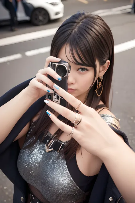 Photography, bust shot from above, Photorealism, Crowded street, Woman wearing wide metal ring on finger, Detailed wide metal ring, detaled fingers,