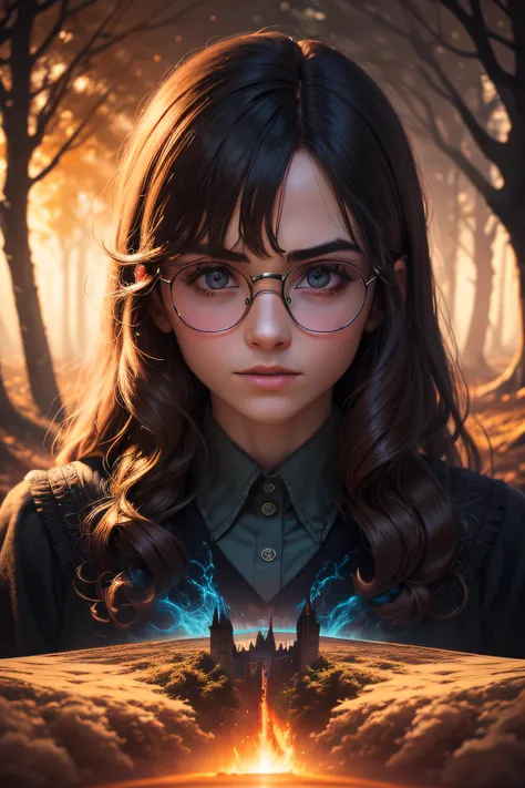 T-schirt tender and real Harry Potter, super defined high relief, super 8k resolution, extraordinarily real, psychedelic environment, 125° angle shot, ground in fire and trees, Rayban lenses, very detailed hair ultra sensitive to the viewers view