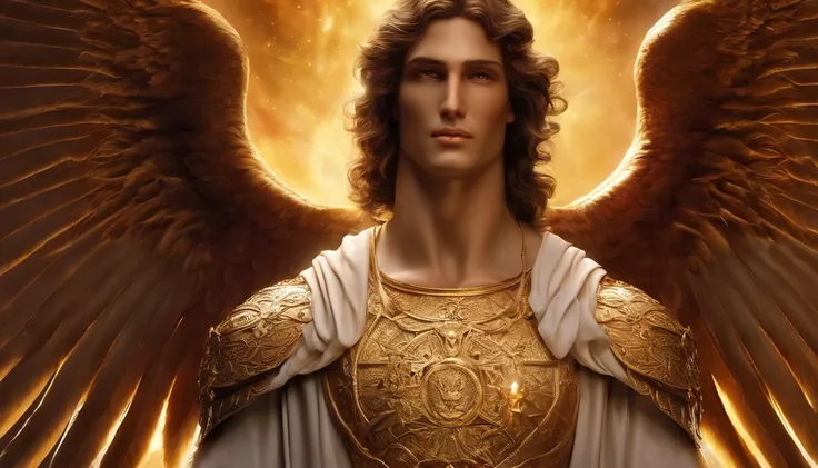 um personagem masculino, o arcanjo Miguel, imagem celestial, detalhes intricados, realista, asas ROSAS e grandes, fundo angelical, Catholic illustrative image of the archangel Michael, Male character of the Bible, Michael is wearing his angelic armor, cosm...