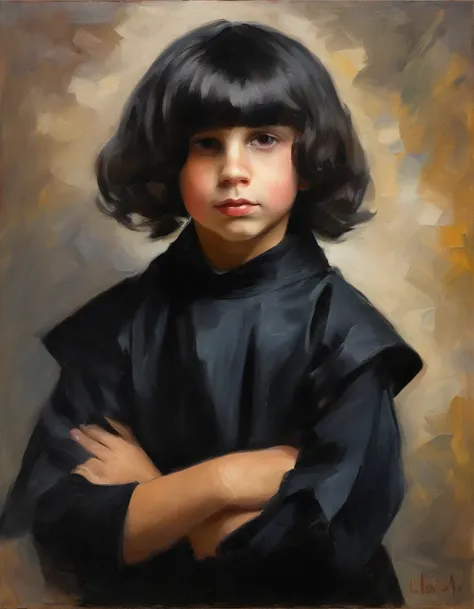 Tempos medievais, A 10-year-old Goth boy with a black Bob haircut, Wearing a black roman cassock
，K HD |，8k,uma cor，