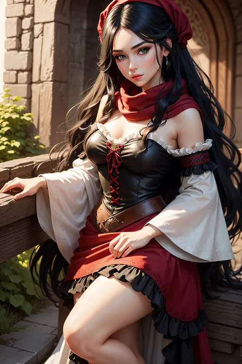 (best quality,ultra-detailed,realistic),medieval setting,fullbody,1 druid woman,beautiful green eyes,smokey eyes make-up,white-red-black ruffled tunica dress,flowing black hair,red scarf