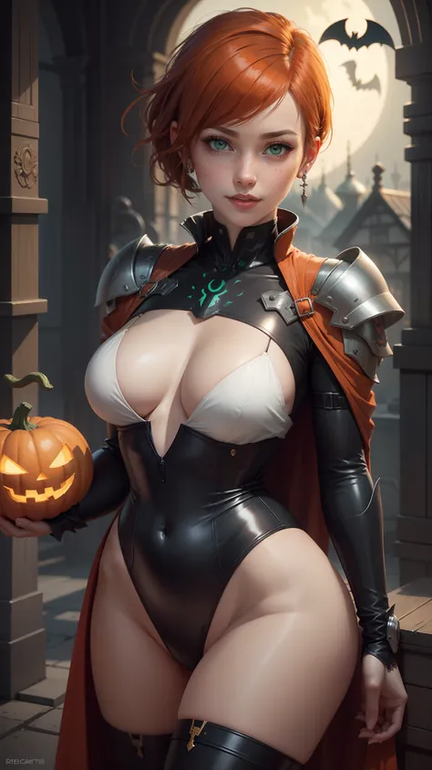 gwen tennyson,tracer,yorha 2b,rebecca chambers,atelier ryza,overwatch,1girl, close up,mecha pilot,halloween village, white and red plugsuit,hair pin,pirate corset,silver long sleeve lycra top,black leggings,short hair,cute makeup, green eyes,orange and gol...