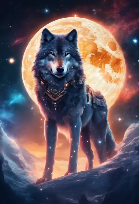 lobo realista na frente de uma lua cheia. o lobo possui olhos amarelos e tem uma pelagem dourada. There are stars and faint glow all over the picture and the wolf is looking serene