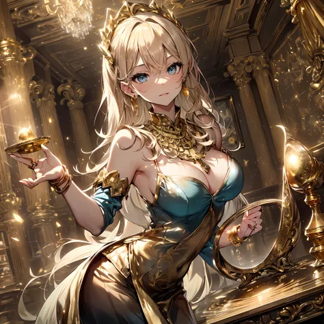 top-quality、Top image quality、​masterpiece、girl with((18year old、Gold underwear,Best Bust、Medium bust、Bust 85,Beautiful blue eyes、Breasts wide open,Sexy Gold Dress、Gold Miniskirt、Gold Earrings、Gold necklace、Gold Ring、Shining golden ponytail、Skirt flutters、...