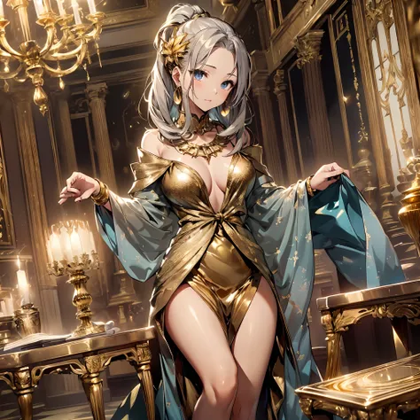 top-quality、Top image quality、​masterpiece、girl with((18year old、Gold underwear,Best Bust、Medium bust、Bust 85,Beautiful blue eyes、Breasts wide open,Sexy Gold Dress、Gold Miniskirt、Gold Earrings、Gold necklace、Gold Ring、Shining golden ponytail、Skirt flutters、...