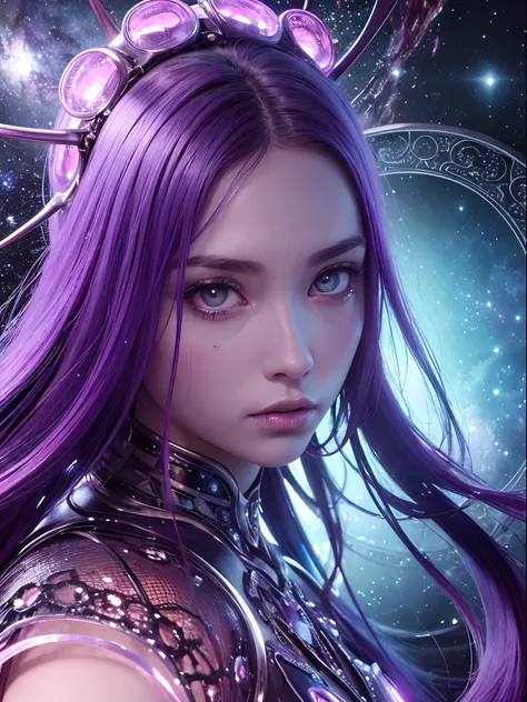 Masterpiece, RAW photo, hyper photorealistic, Beautiful alien girl with a lot of purple hair, on a far fantastic planet, cosmic landscape, cute sexy, highly detailed, sci-fi aesthetic, fantasy aura, unearthly vegetation, by rutkowski, hdr, intricate detail...