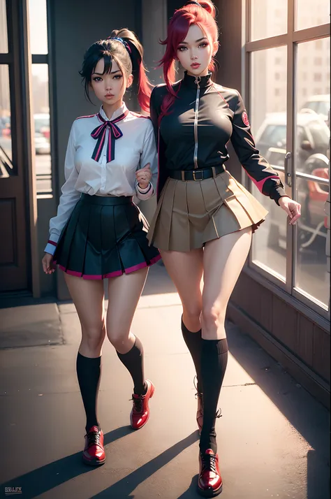 (bold and confident, artistic:1.1), playful attitude, glossy lips,great physique, flirtatious eyes, short uniform skirt, long stockings, ponytail, vibrant colors, dynamic pose, (traditional, anime:1.1) style, natural lighting, vibrant atmosphere