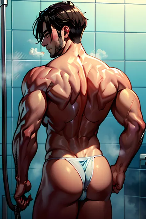 impressive art a guy taking shower ((Best Quality, 8K, ultra-detailed, Masterpiece: 1.3)),touching chest shiny skin, sharp,very fascinating and fashionable,  Perfect Body Beauty, realistic shaded perfect body, (cute baby face:1.1),("fundoshi,big bulge ":1....