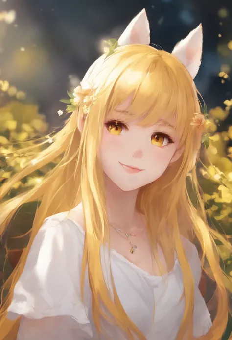 anime character loli, yellow long hair, white tshirt, ssmile, mush ears