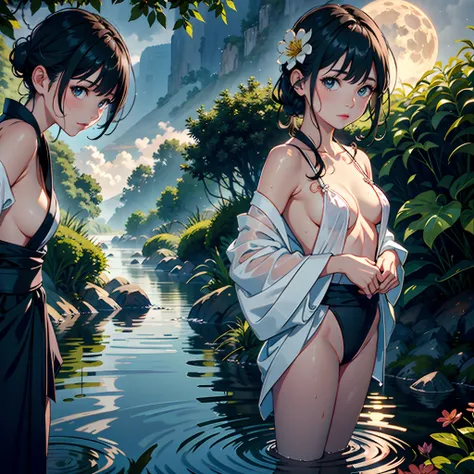 1 girl, chest, moon, lantern, night, solo,, hair ornament, wet, kimono, kimono, sheer clothes,wading, water, hair flower, flower, ((very small breast:1.6)), outdoors, sky, full moon, rain, black hair, off-shoulder, mountain, clouds, hug, sash, bare shoulde...