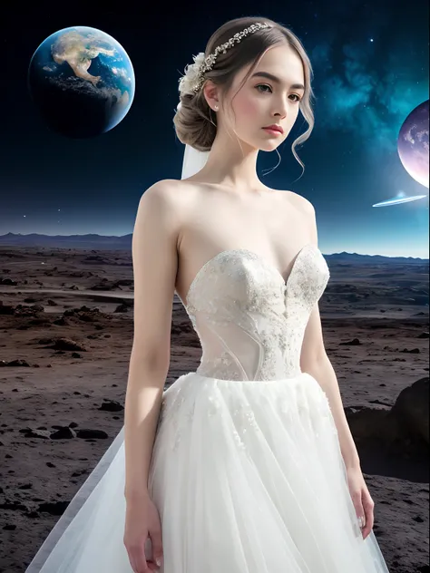 A beautiful girl standing on an enchanting planet, full body, adorned in a breathtaking brides dress, surrounded by the wonders of an otherworldly landscape beneath a celestial sky,  photographed on a Nikon Z7 II Mirrorless Camera,120mm F/4 wide-angle
best...