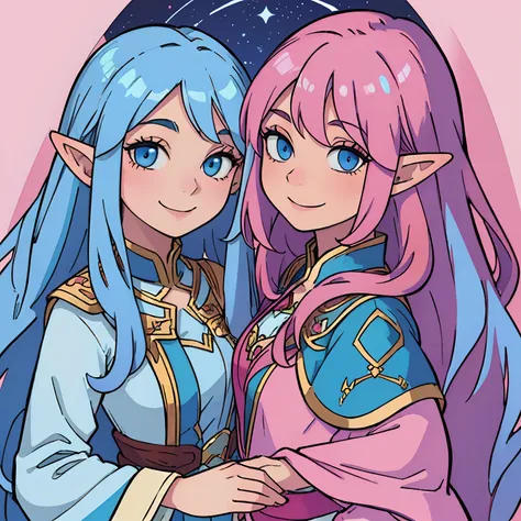 (Woman, long curly hair, pink hair, blue eyes, elf, smile)( woman, blue hair, elf ) (two women)