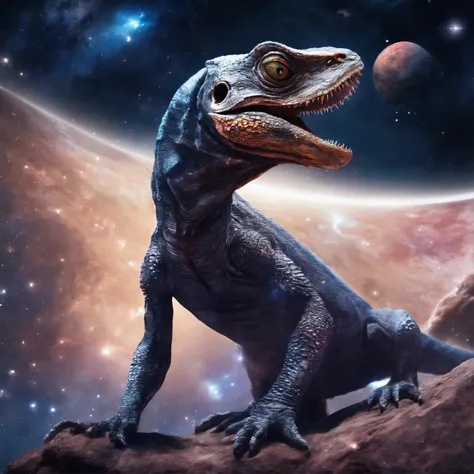 A large space lizard stands on a rocky planet