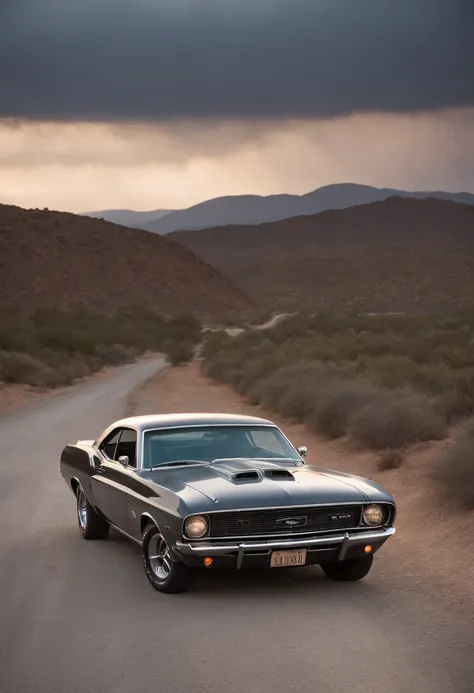 Beside the desolate highway, under the moonlit sky, a distressed scene unfolds. A young woman stands near her classic American muscle car, a Ford, its once powerful engine now billowing smoke from the raised bonnet. In this high-quality depiction (best qua...