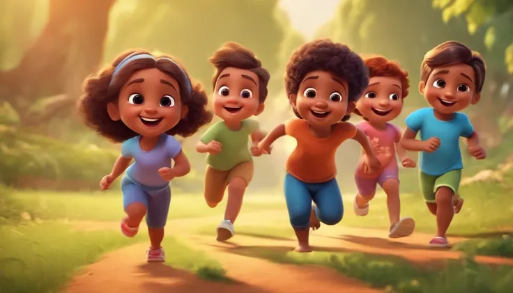 Kids running around happily, brincando, Chibi, Arte 3D, Estilo Pixar, 10 children of the same age, 5 meninas, 5 meninos, fun, Brincando na Igreja, Divertir-se, colorido, melhor qualidade, 4k, cara bonito