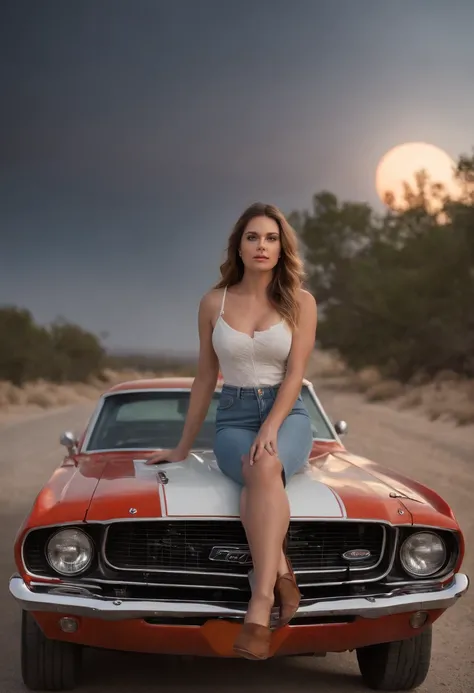 Beside a moonlit highway, a distressed young woman stands by her classic Ford muscle car, smoke billowing from its raised bonnet. This realistic depiction (realistic: 1.37) captures the iconic American muscle against the backdrop of unexpected adversity. T...