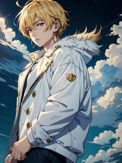 anime man, white fluffy jacket, gold earrings