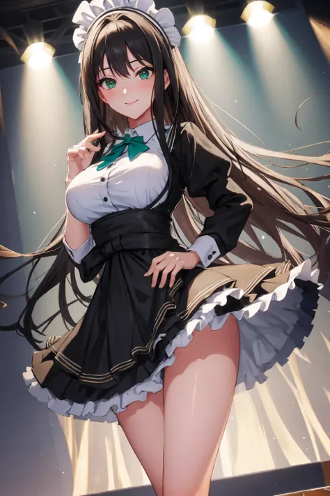 standing in front of a stage,
maid headdress, maid apron, maid Dress,maid, maid outfit,black_dress,
rin shibuya, black hair, (green eyes:1.5), long hair,
1 girl, 20yo,young female,Beautiful Finger,Beautiful legs,Beautiful body,Beautiful Nose,Beautiful char...