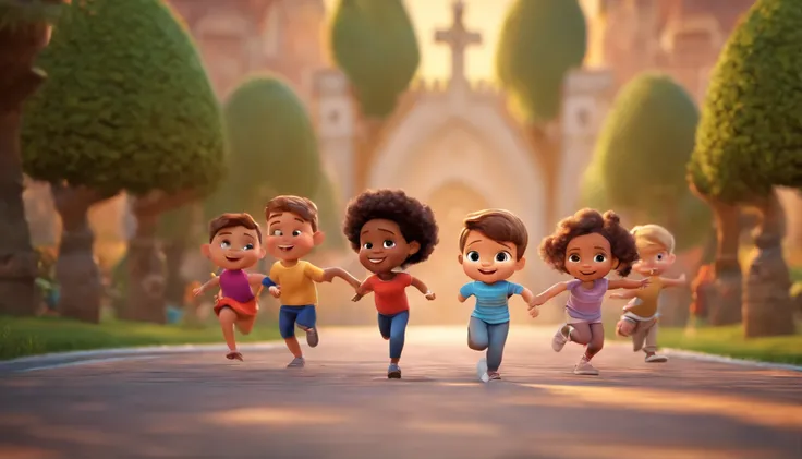 Kids running around happily, brincando, Chibi, Arte 3D, Estilo Pixar, 10 children of the same age, 5 meninas, 5 meninos, fun, Brincando na Igreja, Divertir-se, colorido, melhor qualidade, 4k, cara bonito