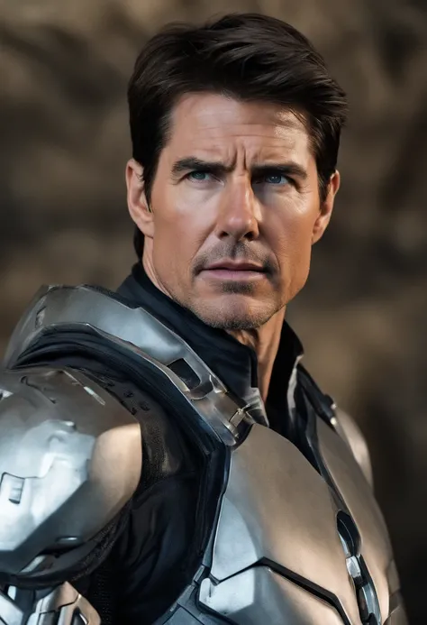 In this hyper-realistic 8K close-up portrait shot, Tom Cruise stands as a lone figure amidst a backdrop of desolation and destruction. His expression is somber and intense, capturing the profound sadness of the environment that surrounds him. Every fine li...