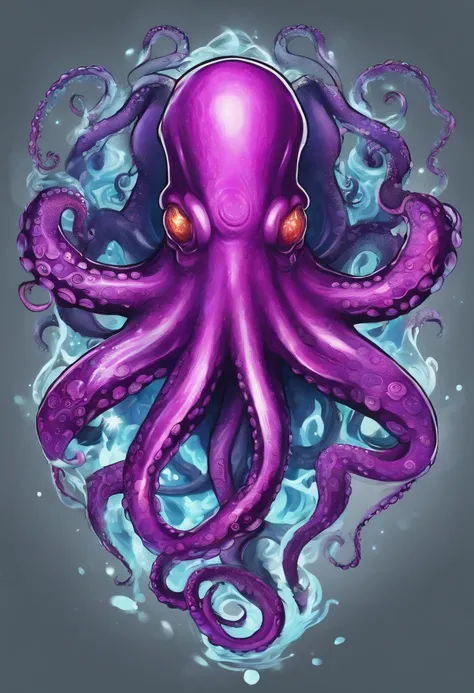 Mage Octopus, vivid fuchsia purple and black, gold tattoos, purple horns, purple red and blue ice tentacles glowing with inner fire, glowing blue eyes, masterpiece, best quality