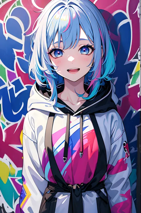 masterpiece, high quality, highres, absurdres, ultra-detailed, 8k, 1girl, platinum grey hair, blue hair, multicolored hair, gradient hair, looking at viewer, colorful eyes, colorful hoodie, (graffiti murals wall background:1.15), brilliant colorful paintin...