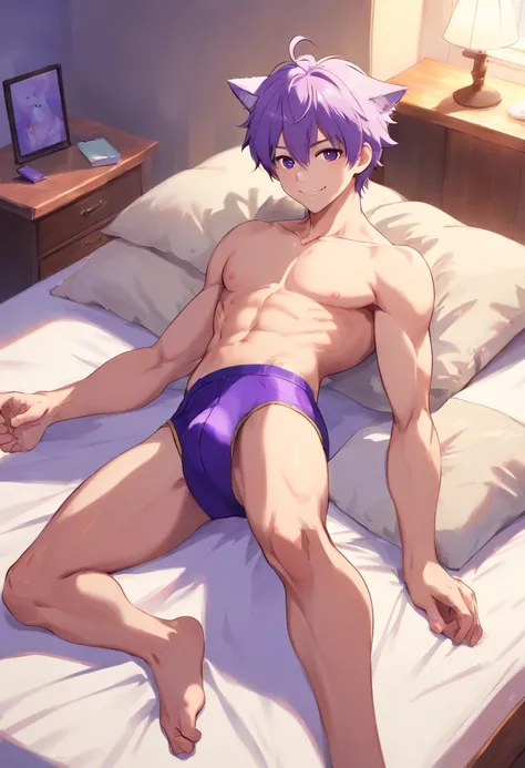 cute male, cat ears, cat tail, looking at camera, smiling, white hair, shirtless, white jockstrap, laying on bed, japanese house, 4 , cute boy, small body, no shirt, black neck collar, jockstrap, bulge, hands behind head, (hugging a purple haired cute male...