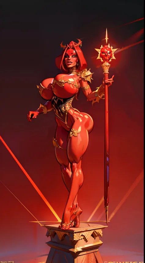 1girl, beautiful dark matter empress, detailed eyes, detailed face, mature face, athletic body, looking at viewers,full body, light smile,(gigantic breasts:1.4)detailed skin, colored skin(red skin:1.9), horns on head, (((bald))), mature body, tall body,sed...