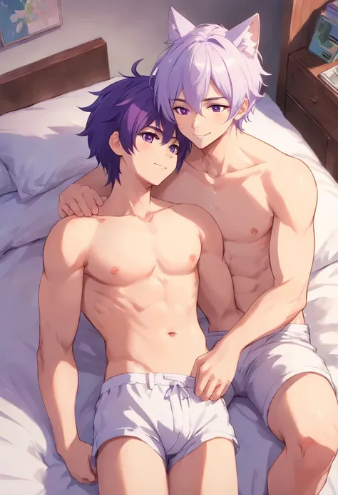 (cute male, cat ears, cat tail, looking at camera, smiling, white hair, shirtless, white jockstrap, cute boy, small body, no shirt), (hugging a purple haired cute male, shirtless, wolf ears, bulge, wolf tail, purple jockstrap, small body, cute boy), 2 men,...