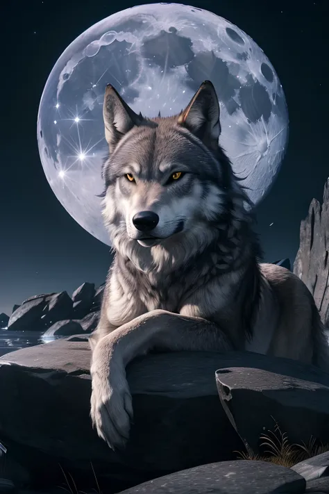 (best quality, highres:1.2, realistic:1.37),ultra-detailed,moonlit landscape,detailed rocks,a lone grey wolf,howling,close-up, face, moonlight shining,bright full moon,ripples,serene,peaceful,night,pile of rocks,midnight.