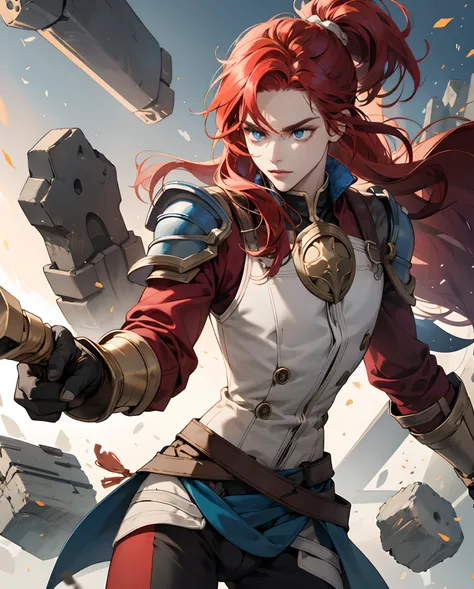 In cartoon style, cartoon red hair, blue eyes, a glove on the left hand and a gauntlet on the right hand