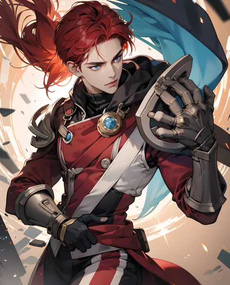 In cartoon style, cartoon red hair, blue eyes, a glove on the left hand and a gauntlet on the right hand