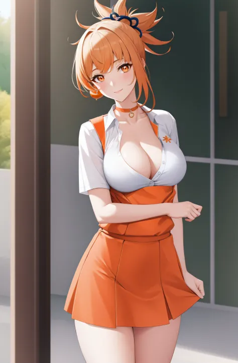 (day:1.7), standing in front of  a building in the background,
school_uniform,short_sleeves,Red skirt ,sweater vest, White collared shirt, 
yoimiya, arm tattoo, choker, hair ornament, light brown hair, long hair, (orange eyes:1.5), red choker, sidelocks,
1...