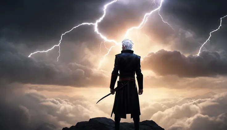 anime style, white-haired man, looking up at the sky, on top of a mountain peak, with a backdrop of a thunderstorm with lightning, wearing black clothes, seen from the back.

(best quality, ultra-detailed, photorealistic:1.37), vibrant colors, vibrant ligh...