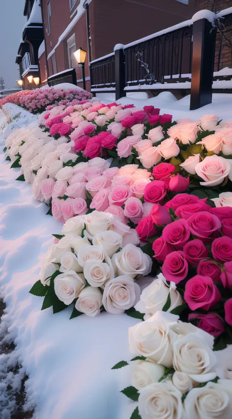 In the snow, flowers line up on the snowy sidewalk, rosette, rosses, with frozen flowers around her, Beautiful flowers, Flowers!!!!, an aesthetic field of flowers, a few roses, roses in cinematic light, laying on roses, Lots of flowers, Rose tones, shades ...