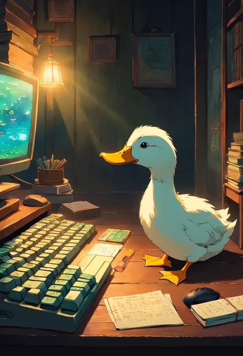 A duck using a computer in a very dark room、Keyboard and mouse to write novels