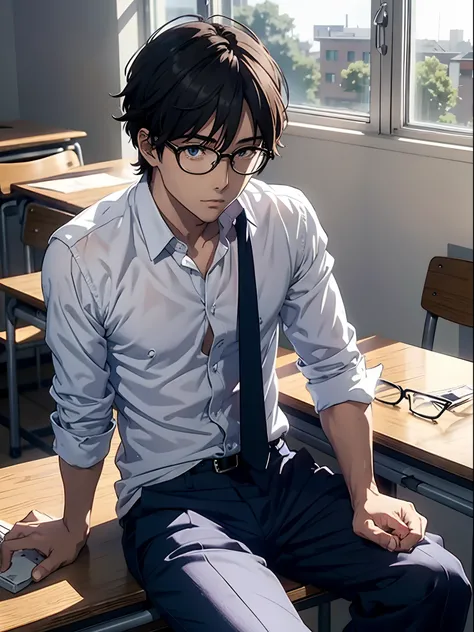 Anime sexy man in eyeglasses, sitting on a desk in the classroom, sun shining through the window