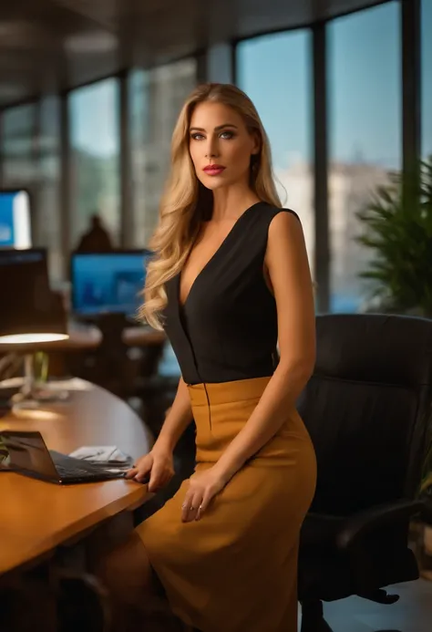 professional, (4k photo:1.1), (Dittmann Anna:0.3), (Arian Mark:0.3), (Sharp focus:1.3), high detail, wearing trendy revealing business clothes, beautiful detailed face, hazel eyes, long blonde hair, body shape, office with desk, with windows ahowing diagon...