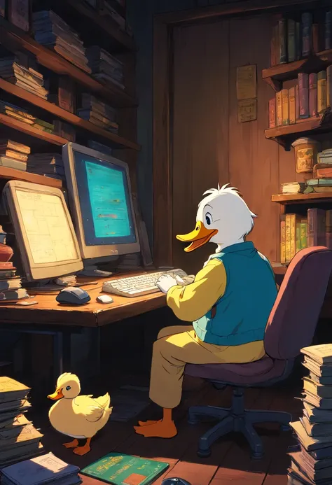 A duck using a computer in a very dark room、Keyboard and mouse to write novels