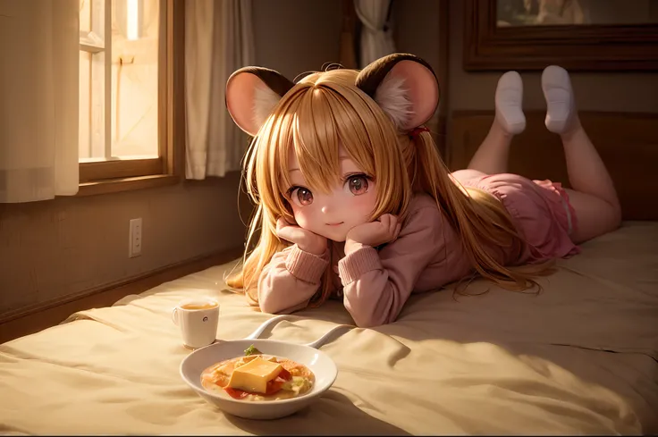 "Photograph capturing an anime-themed scene with a little girl in mouse ears, enjoying cheese in a snug room. Golden hour-like lighting, anime ambiance, enchanting."