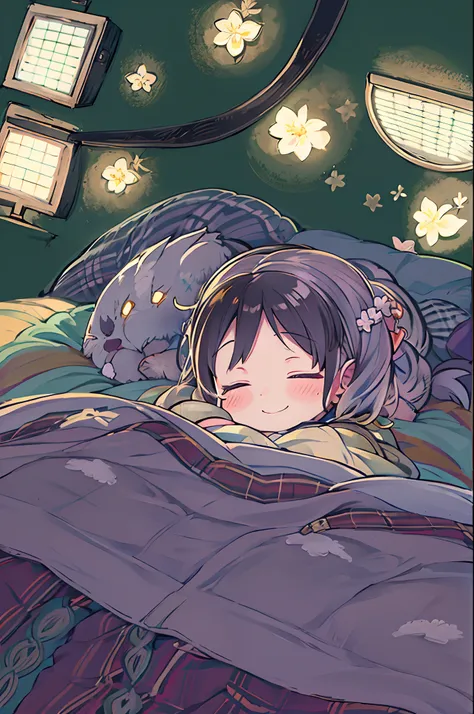 masutepiece, Best Quality, 1 girl, Solo, effect, Dark background, Sleeping in bed with a happy face,Chibi、bbw