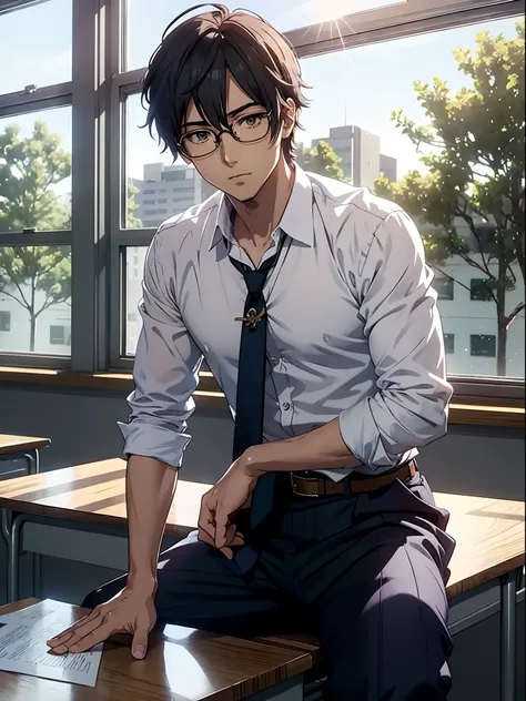 Anime sexy man in eyeglasses, sitting on a desk in the classroom, sun shining through the window