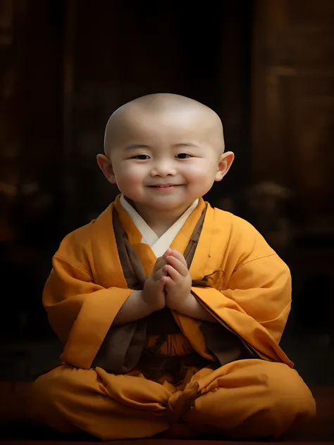 A six-year-old Chinese monk, Cute baby,big laughter ，Baby fat, Particularly round head, bald-headed, Big eyes, White robes, Meditating, Smiling, facing up