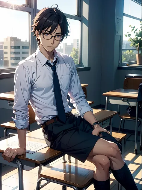 Anime sexy man in eyeglasses, sitting on a desk in the classroom, sun shining through the window