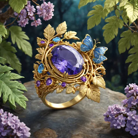 product image of the ring，gold ring set with blue-purple gemstones，tmasterpiece，（very detailed cg unity 8k wallpaper），（best qual...