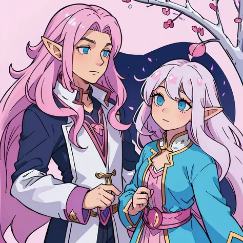 (woman, long curly hair, pink hair, blue eyes, elf)(Man, boy, white hair, long hair, elf) (woman and man) man with white hair, woman with pink hair