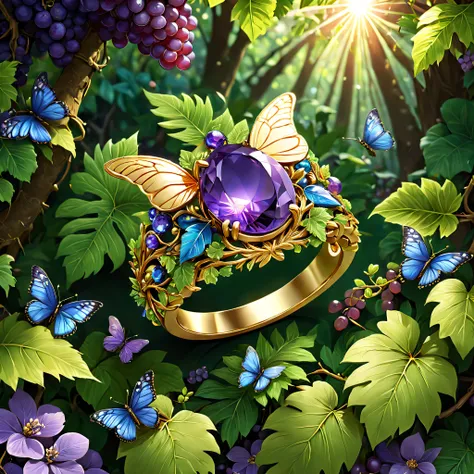 (Product image of the ring，Gold ring set with blue-purple gemstones，tmasterpiece，（Very detailed CG unity 8K wallpaper），（best qualtiy），（Most Best Illustration），（Best shadow），The background is a forest theme with natural elements，blossoms，a warm color palett...