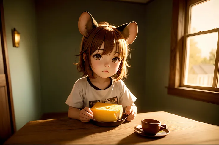 "Photograph capturing an anime-themed scene with a little girl in mouse ears, enjoying cheese in a snug room. Golden hour-like lighting, anime ambiance, enchanting."